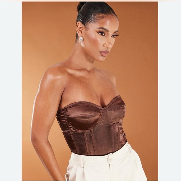 PrettyLittleThing Tops - Pretty little thing Brown Strapless Satin Corset Top